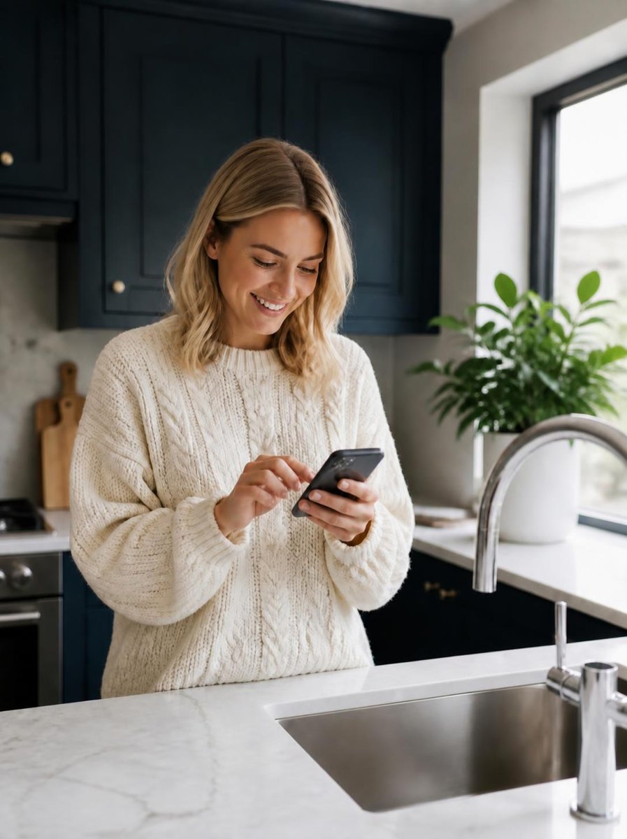 Linda paying the invoice on her phone in her kitchen